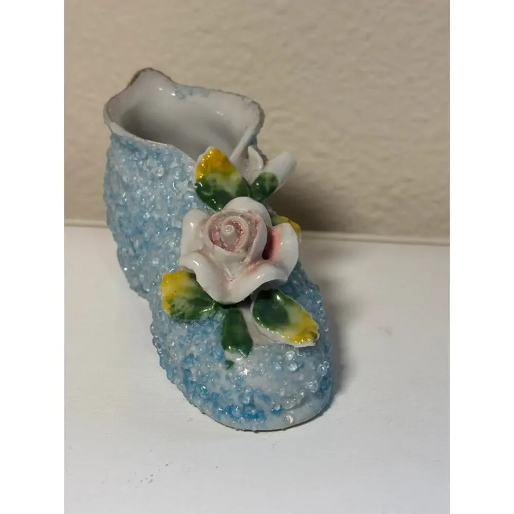 Vintage Porcelain Beaded Shoe Figurine Blue Moss Applied Rose Occupied JapaN